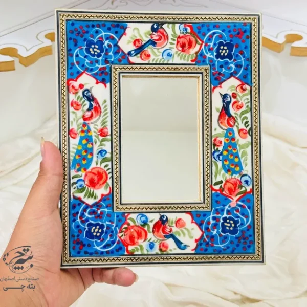 آینه دکوراتیو خاتم کاری دورنقاشی گل و مرغ برجسته