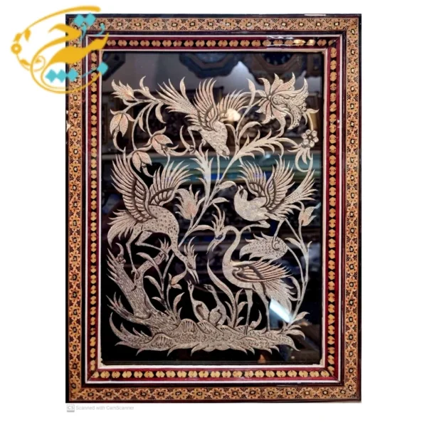 تابلو قلمزنی رومیزی با قاب خاتم کاری تک گل 25در35