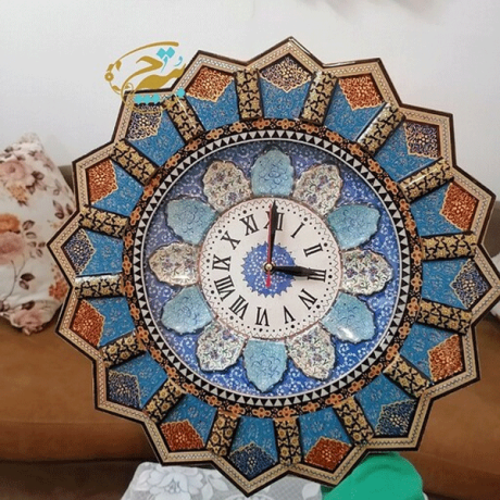 ساعت خورشیدی خاتم کاری تذهیب با صفحه میناکاری برجسته