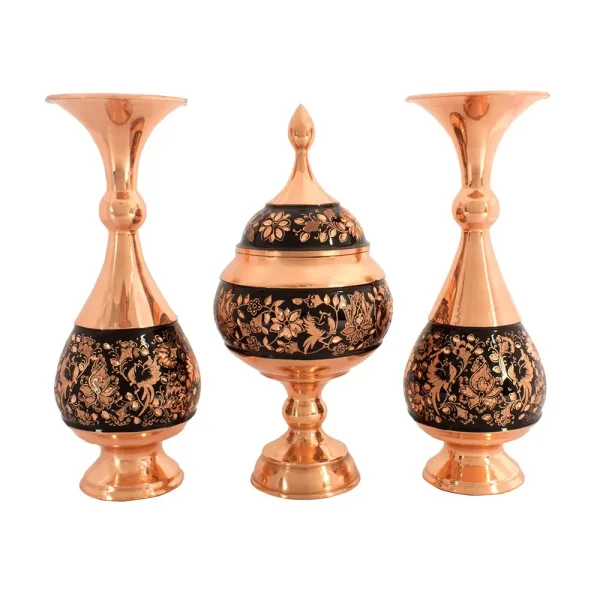 ست نفیس گلدان و شکلات خوری مسی حکاکی گل و مرغ