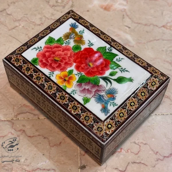 جعبه خاتم کاری 10در20 گل و مرغ پرداز