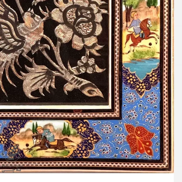 تابلو رومیزی  قلمزنی مسی با قاب خاتم کاری چوگان