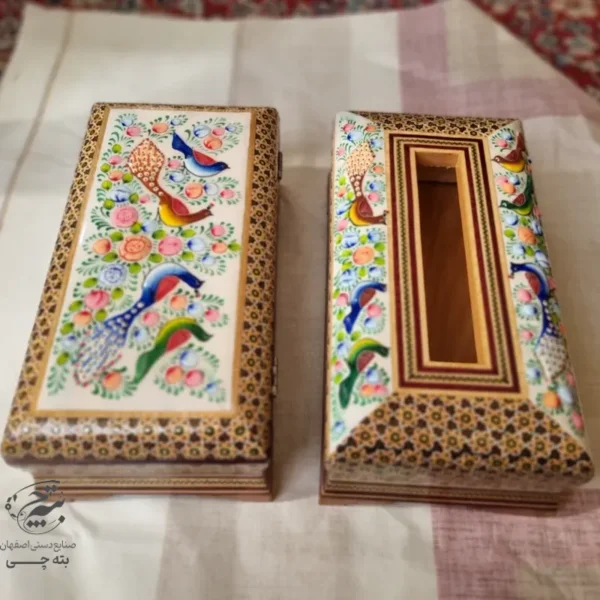 جعبه دستمال کاغذی و جاقاشقی خاتم کاری گل و بلبل