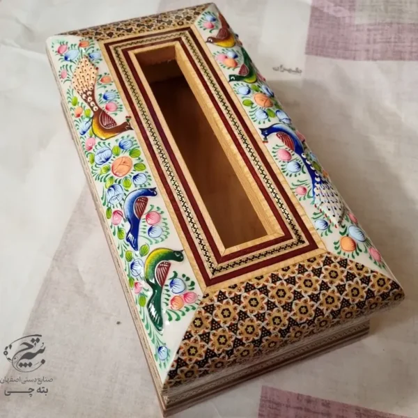 جعبه دستمال کاغذی و جاقاشقی خاتم کاری گل و بلبل