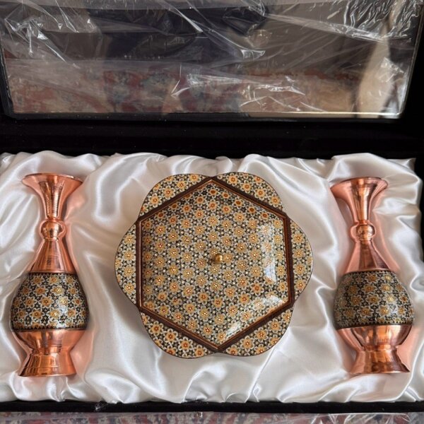 پک هدیه جفت گلدان و شکلات خوری خاتم کاری