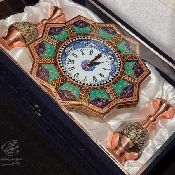 پک هدیه جفت گلدان و ساعت خاتم کاری