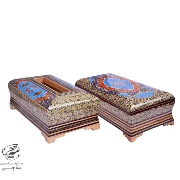 ست جعبه دستمال کاغذی و سطل و جا کاردی خاتم کاری طرح تذهیب
