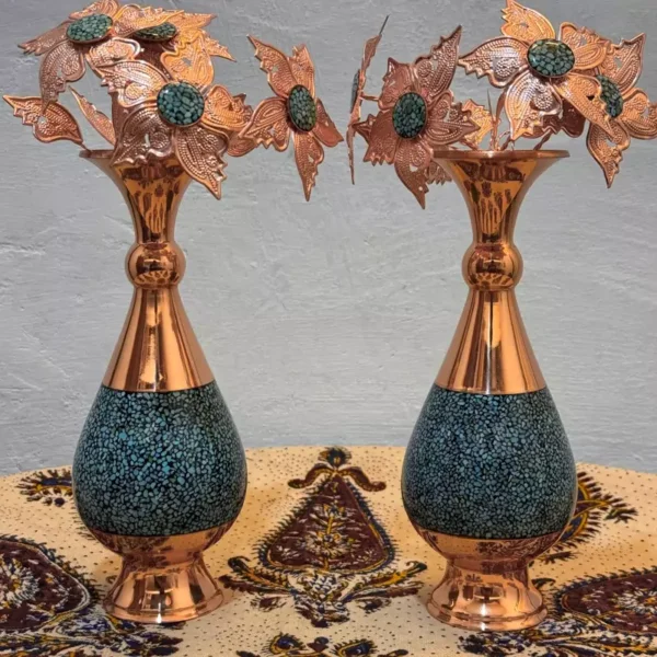 گلدان فیروزه کوبی مسی 20 سانتی جفتی