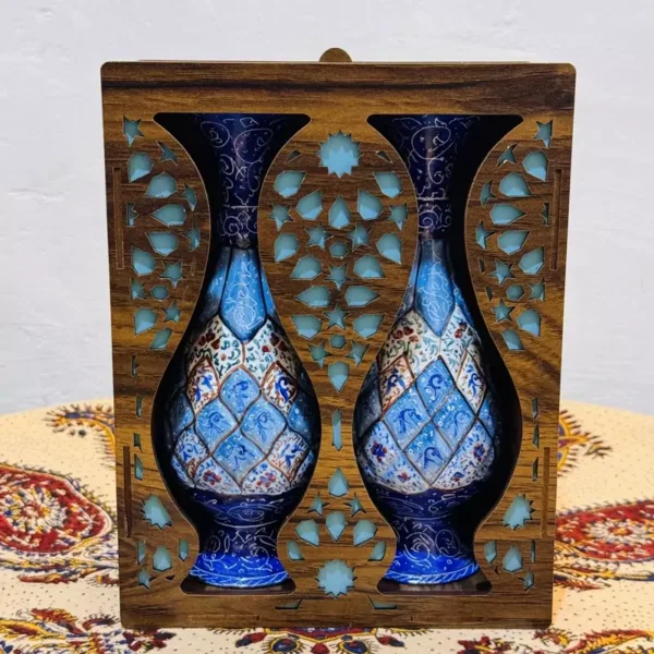 ست هدیه جفت گلدان میناکاری 20 با جعبه مشبک