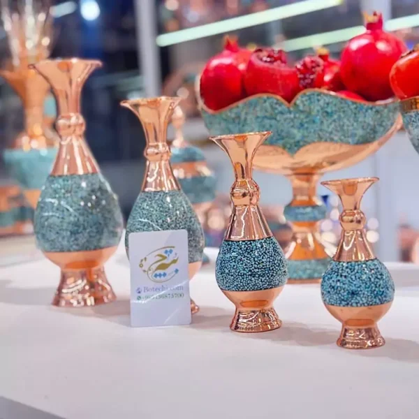 گلدان فیروزه کوبی مسی 20 سانتی جفتی