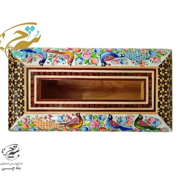 ست جعبه دستمال کاغذی و سطل  خاتم کاری مدل گل و مرغ  چوبی