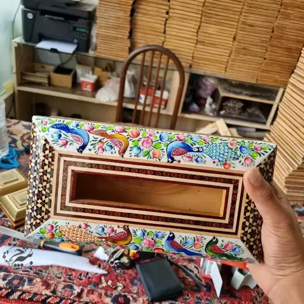 ست جعبه دستمال کاغذی و سطل  خاتم کاری مدل گل و مرغ  چوبی