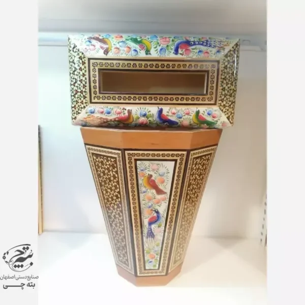 ست جعبه دستمال کاغذی و سطل  خاتم کاری مدل گل و مرغ  چوبی