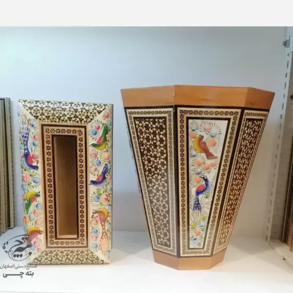 ست جعبه دستمال کاغذی و سطل  خاتم کاری مدل گل و مرغ  چوبی