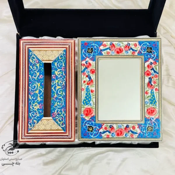 ست هدیه آینه و جعبه دستمال خاتم کاری با جعبه مخمل