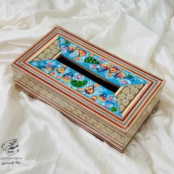 جعبه دستمال کاغذی خاتم کاری گل وبلبل اعلا