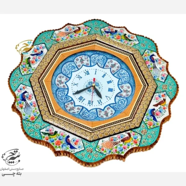 ساعت خاتم کاری گل و مرغ سبز با صفحه میناکاری