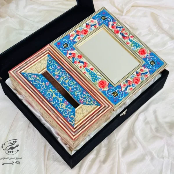 ست هدیه آینه و جعبه دستمال خاتم کاری با جعبه مخمل
