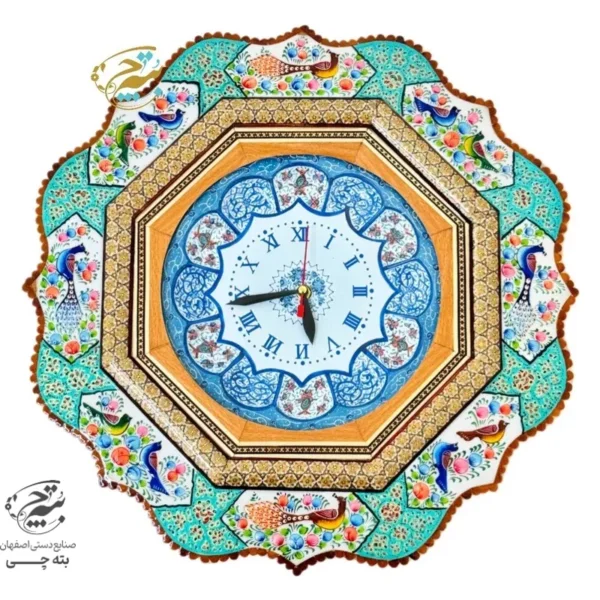 ساعت خاتم کاری گل و مرغ سبز با صفحه میناکاری