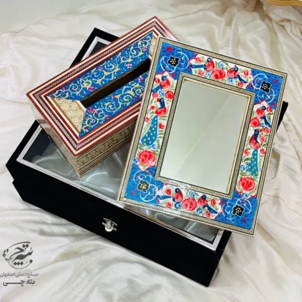 ست هدیه آینه و جعبه دستمال خاتم کاری با جعبه مخمل