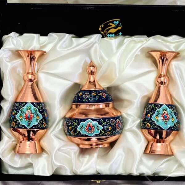 ست هدیه مس و پرداز قندان و گلدان