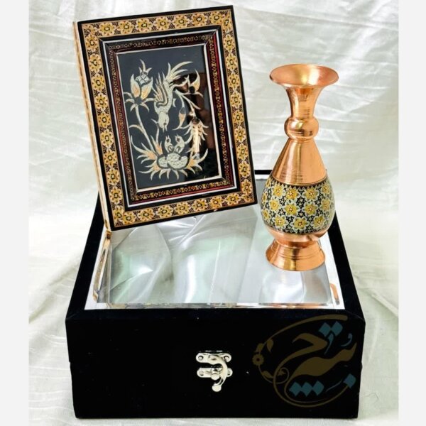 پک هدیه خاتم کاری گلدان 16 و تابلو تک گل