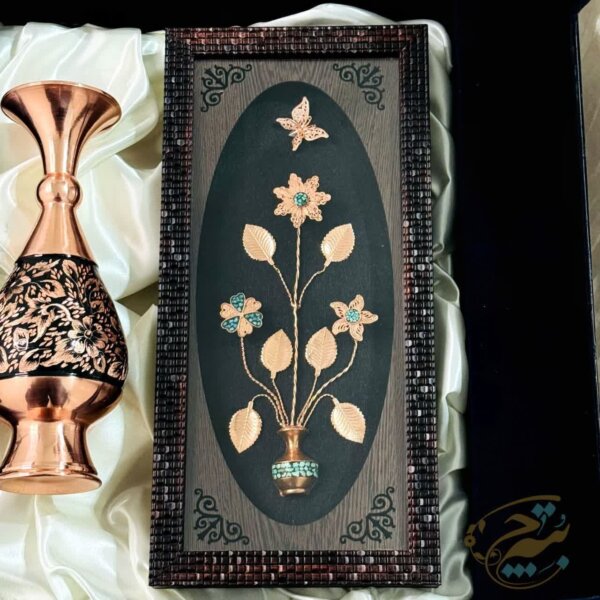 ست هدیه اداری گلدان مسی الماس تراش و تابلو فیروزه کوبی