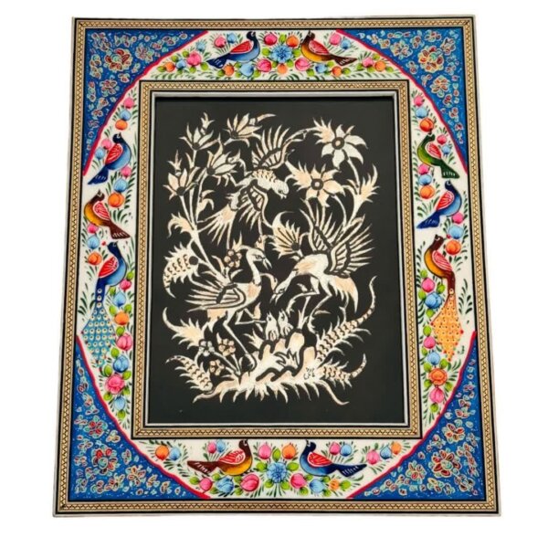 تابلو قلمزنی رومیزی با قاب خاتم کاری گل و بلبل 28در34