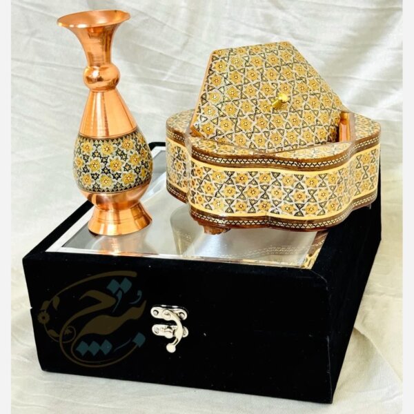 پک هدیه خاتم کاری گلدان 16 و شکلات خوری 17