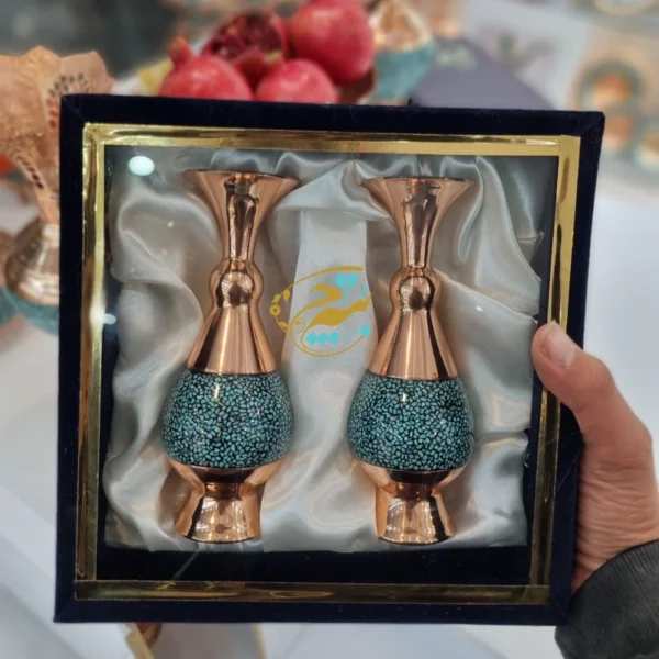 گلدان فیروزه کوبی مدل جفت ارتفاع 16 سانت با جعبه