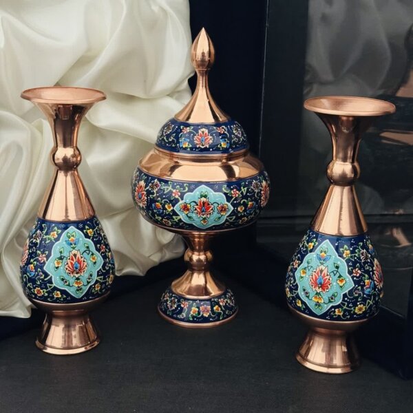 ست هدیه مس و پرداز شکلات خوری و گلدان 25