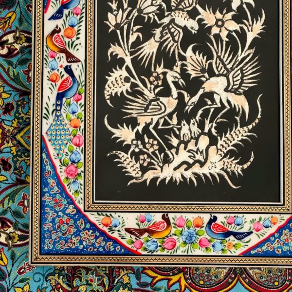 تابلو قلمزنی رومیزی با قاب خاتم کاری گل و بلبل 28در34