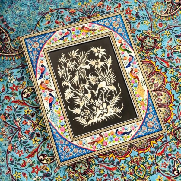 تابلو قلمزنی رومیزی با قاب خاتم کاری گل و بلبل 28در34