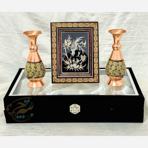 پک هدیه صنایع دستی گلدان خاتم کاری و تابلو