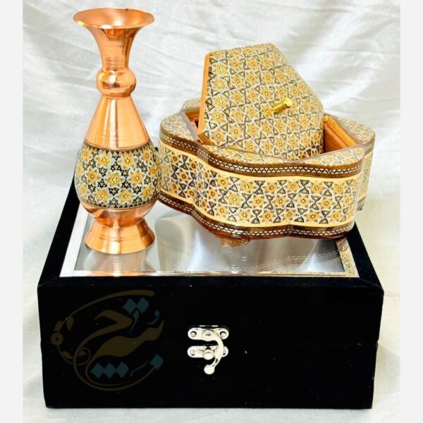 پک هدیه خاتم کاری گلدان 16 و شکلات خوری 17