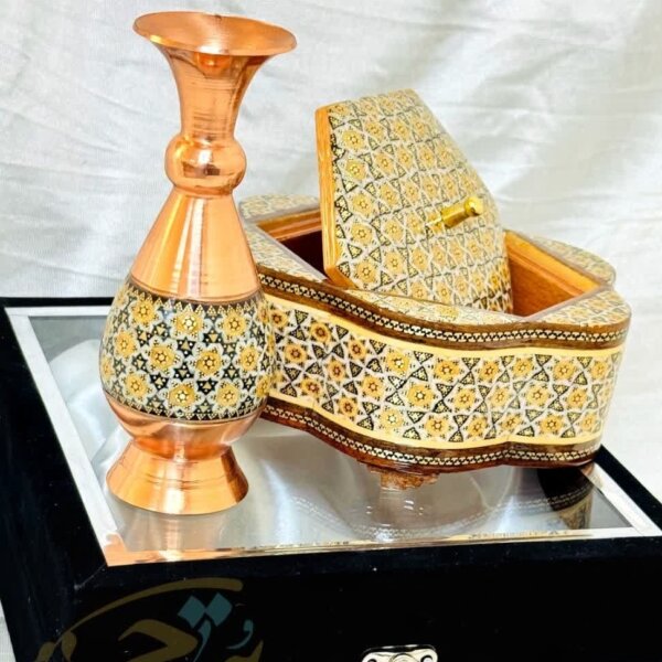 پک هدیه خاتم کاری گلدان 16 و شکلات خوری 17
