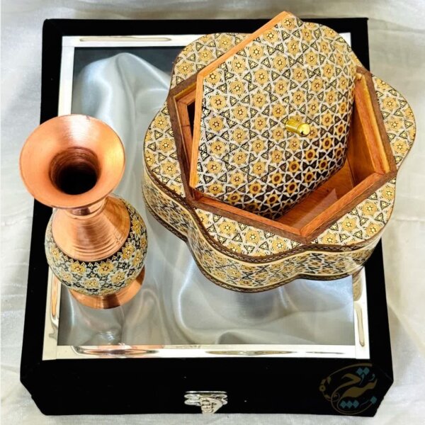 پک هدیه خاتم کاری گلدان 16 و شکلات خوری 17