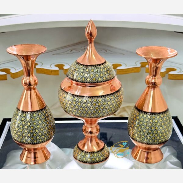 ست هدیه خاتم کاری گلدان و شکلات خوری با جعبه مخمل
