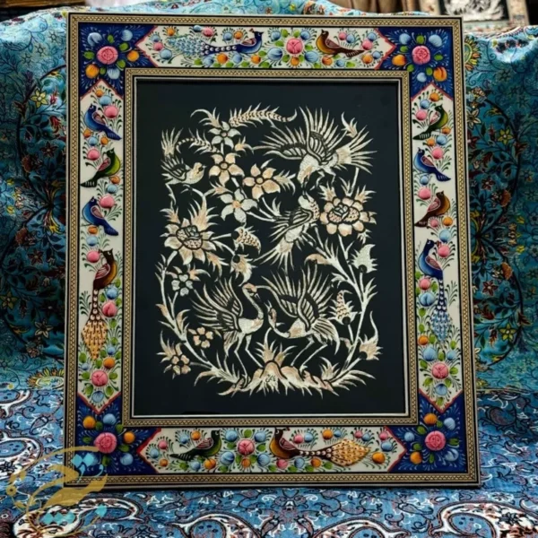 تابلو قلمزنی رومیزی با قاب گل وبلبل 30در40