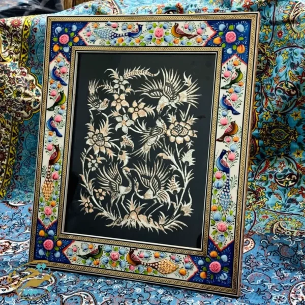 تابلو قلمزنی رومیزی با قاب گل وبلبل 30در40