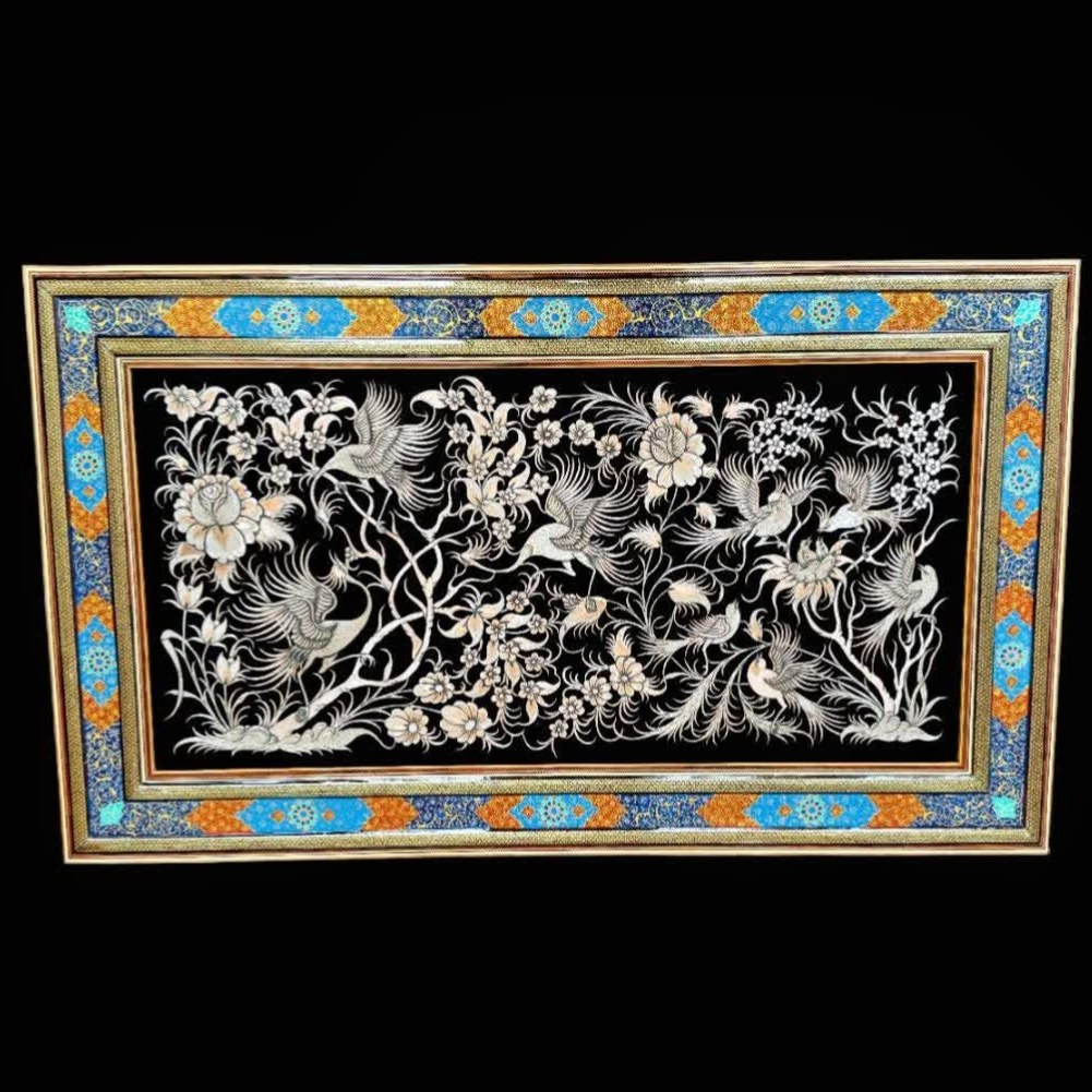 تابلو قلمزنی سیمرغ با قاب خاتم کاری تذهیب 70در120