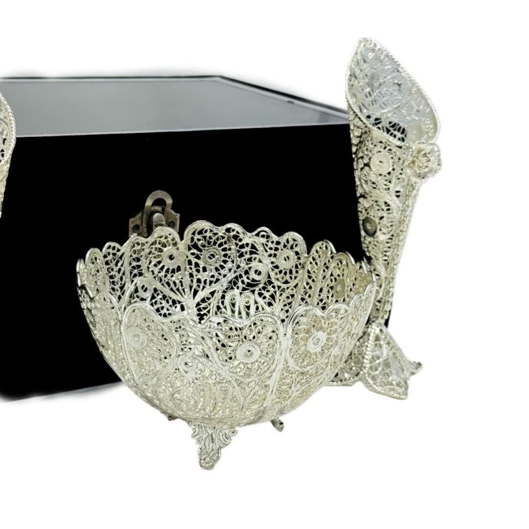 ست هدیه ظروف نقره ملیله کاری قندان و گلدان 18