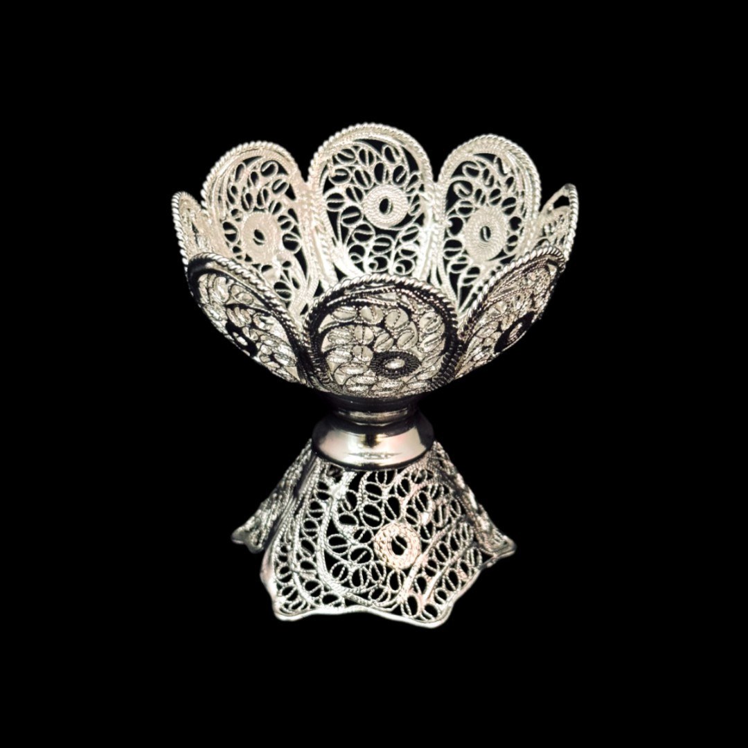 ظروف ملیله کاری کاسه آجیل خوری نقلی لبه گرد پایه دار