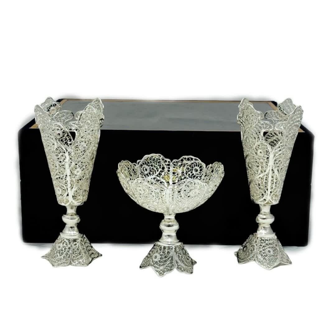 ست هدیه نقره گلدان ملیله کاری و قندان