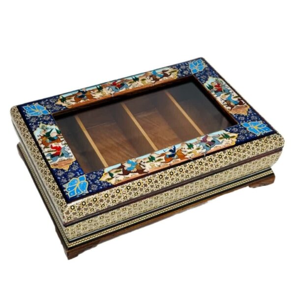 جعبه خاتم کاری مدل چوگان درب شیشه ای