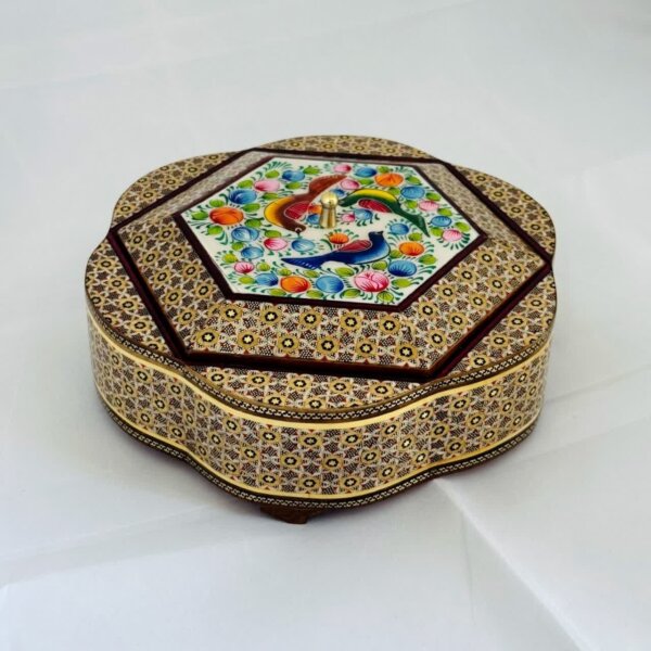 شکلات خوری (جاشکلاتی) خاتم کاری گل و مرغ بزرگ