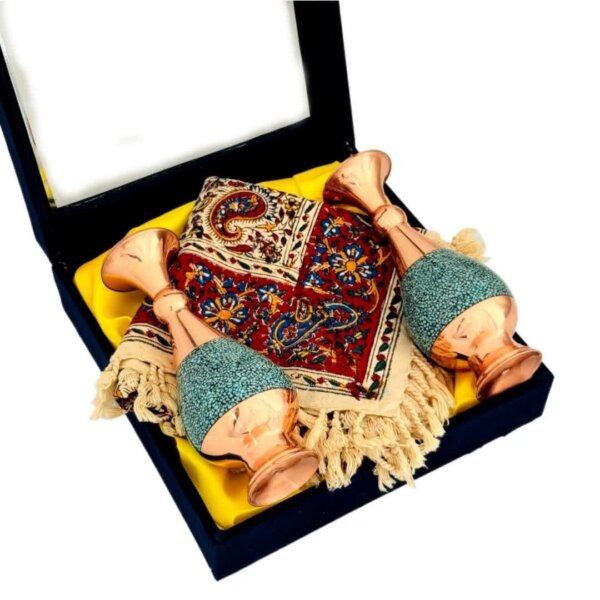 ست اداری رومیزی قلمکار و گلدان مس و فیروزه 20سانتی