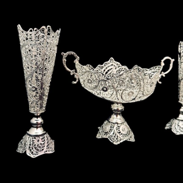 ست هدیه ظروف نقره ملیله کاری کشکول شماره 1 و گلدان تنه خمری