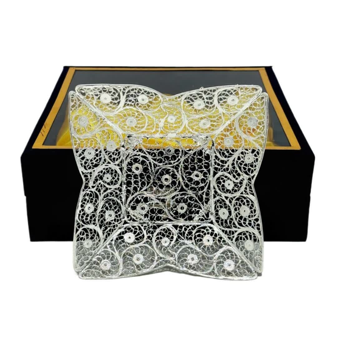 هدیه شیرینی خوری ملیله کاری نقره به همراه جعبه مخمل