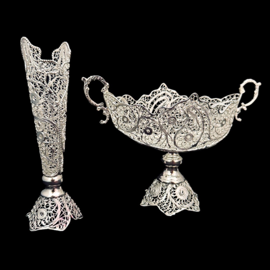 ظروف ملیله کاری کشکول شماره 1 و گلدان قلمی 20 سانتی